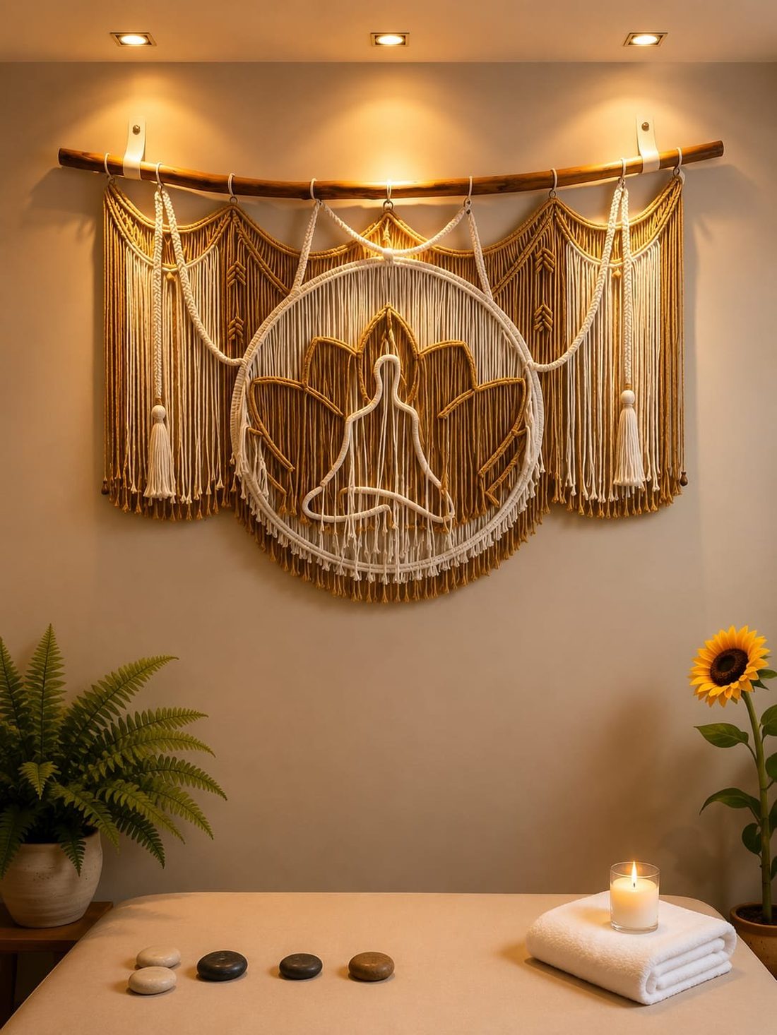 Sala de terapias integrativas da Essência do Ser, com arte em macramê, velas e pedras preparadas para uma sessão de relaxamento